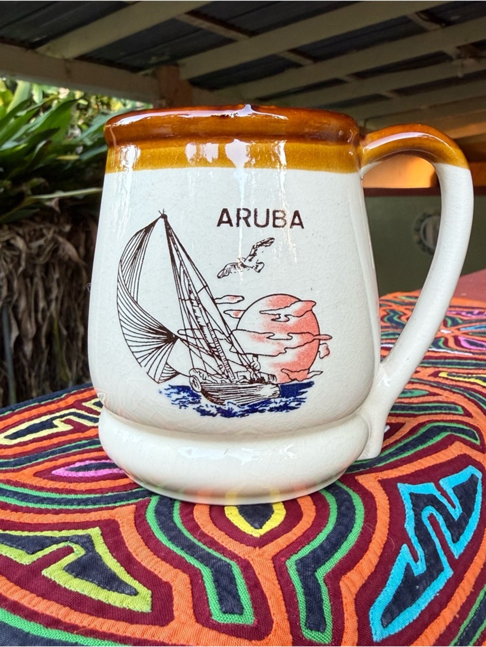 Aruba Sailboat Coffee Mug Brown Drip‎ Glaze Ceramic Travel Souvenir Cup
